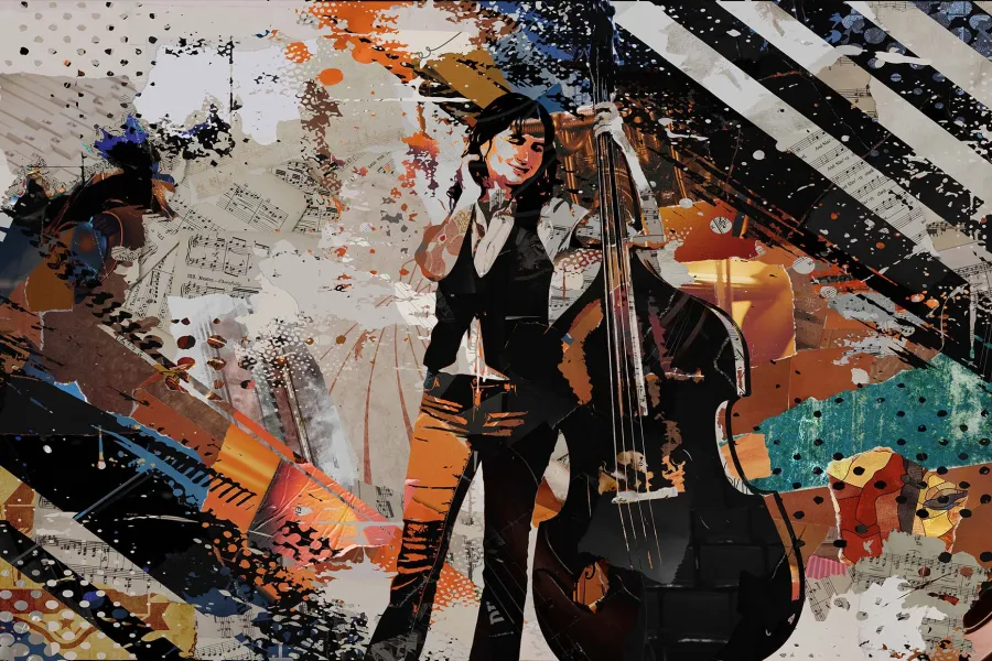 A collage of ripped paper makes an image of student holding a double bass