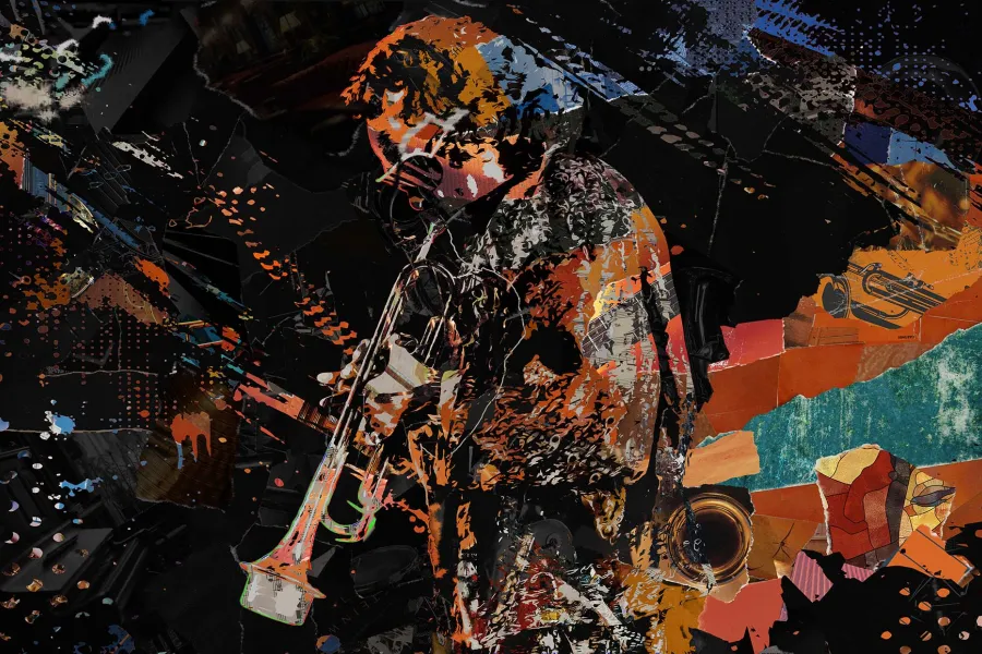 a collage of ripped paper make up an image of Miles Davis playing the trumpet 
