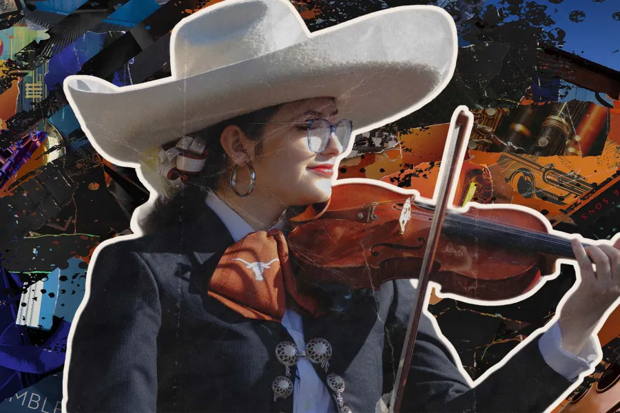 A Mariachi performer, playing her violin