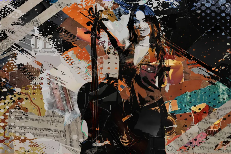 A collage of ripped paper makes an image of a student perform holding a cello.