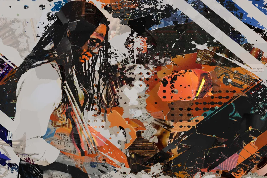 A collage of ripped paper makes an image of a student performing holding drum sticks