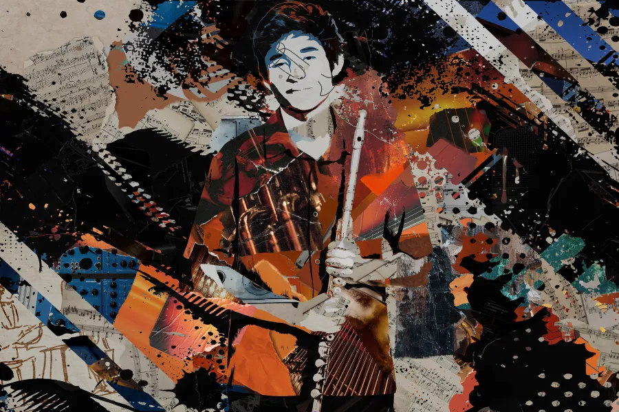 a collage of ripped paper makes up an image of a student with his flute