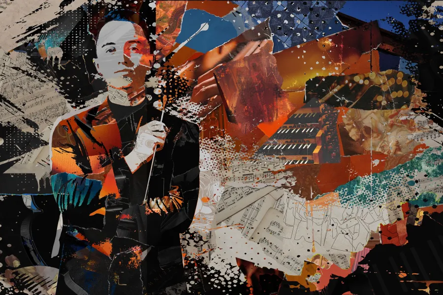 A collage of ripped paper makes an image of a choral student with a conducting baton