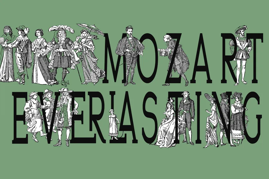 Stylized text reads "Mozart Everlasting" surrounded by pencils sketches of different characters from Mozart's operas.