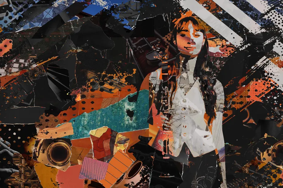 a collage of ripped paper makes an image of a student with a clarinet